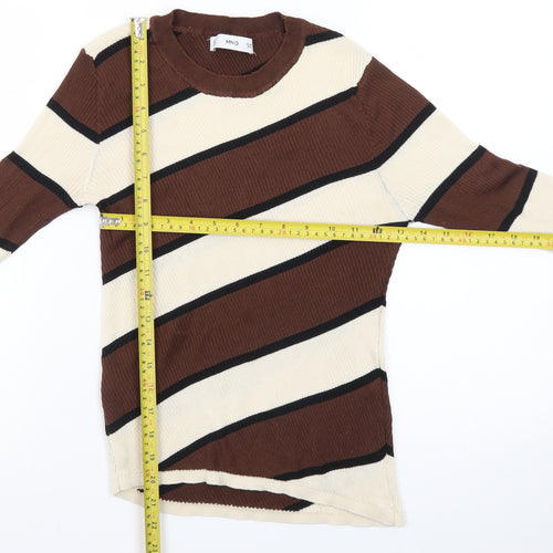 MNG Women Brown Striped Crew Neck Long Sleeve Pullover Jumper Size L