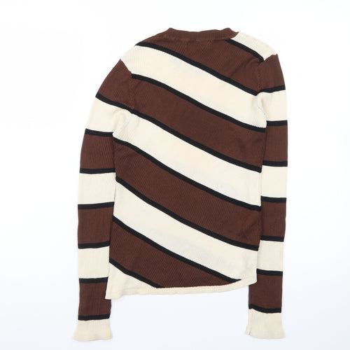 MNG Women Brown Striped Crew Neck Long Sleeve Pullover Jumper Size L
