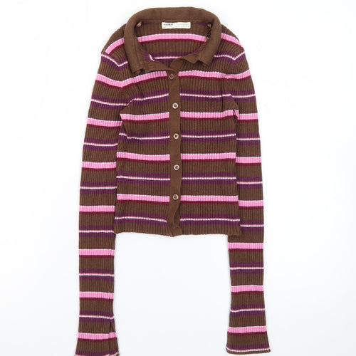 Pull&Bear Women's Brown Striped Collared Cardigan XS Slim Fit Knitwear