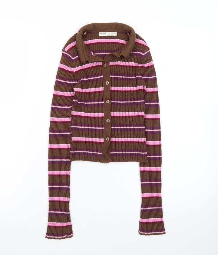 Pull&Bear Women's Brown Striped Collared Cardigan XS Slim Fit Knitwear