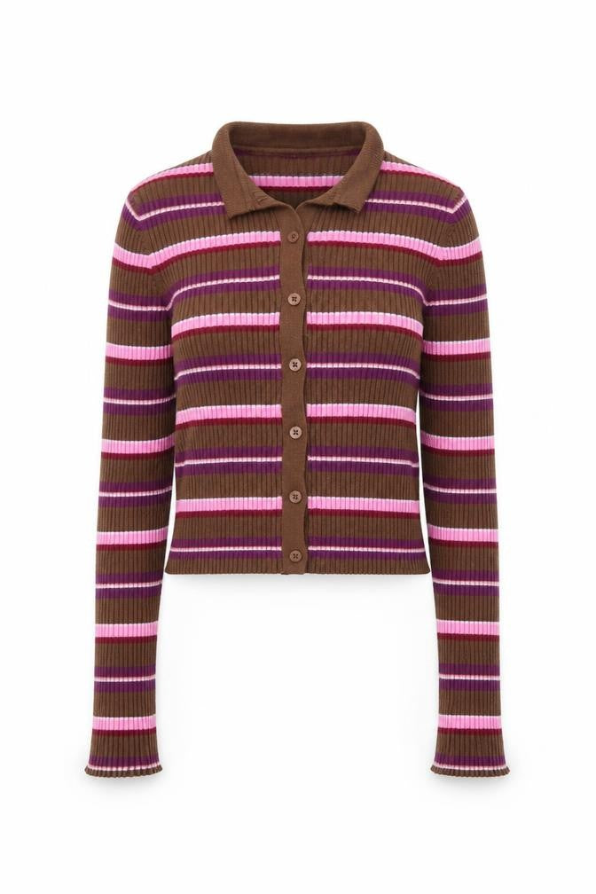 Front view of Pull&Bear Women's Brown Striped Collared Cardigan XS Slim Fit Knitwear