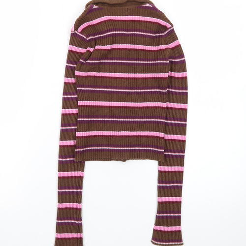 Pull&Bear Women's Brown Striped Collared Cardigan XS Slim Fit Knitwear