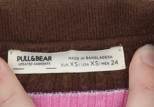 Pull&Bear Women's Brown Striped Collared Cardigan XS Slim Fit Knitwear