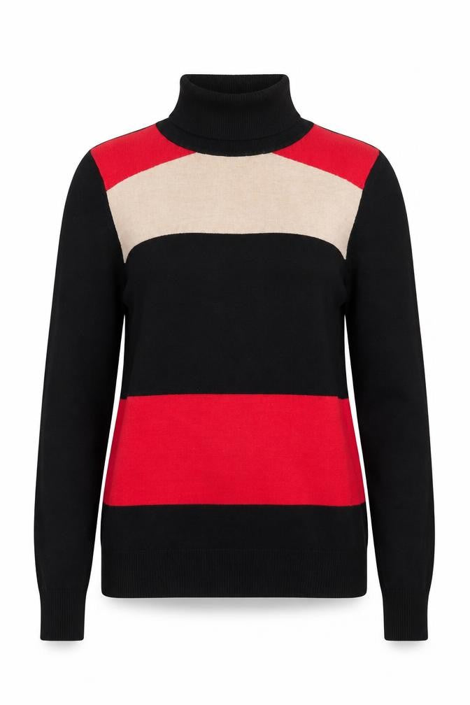 Wallis Women’s Black Red Beige Roll Neck Striped Jumper Size 14