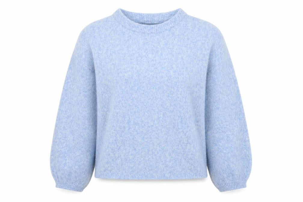 Front view of Bonmarché Women's Blue Crew Neck Wool Blend jumper, size 14