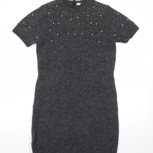 H&M Women Grey Beaded Short Sleeve Jumper Dress Size 8