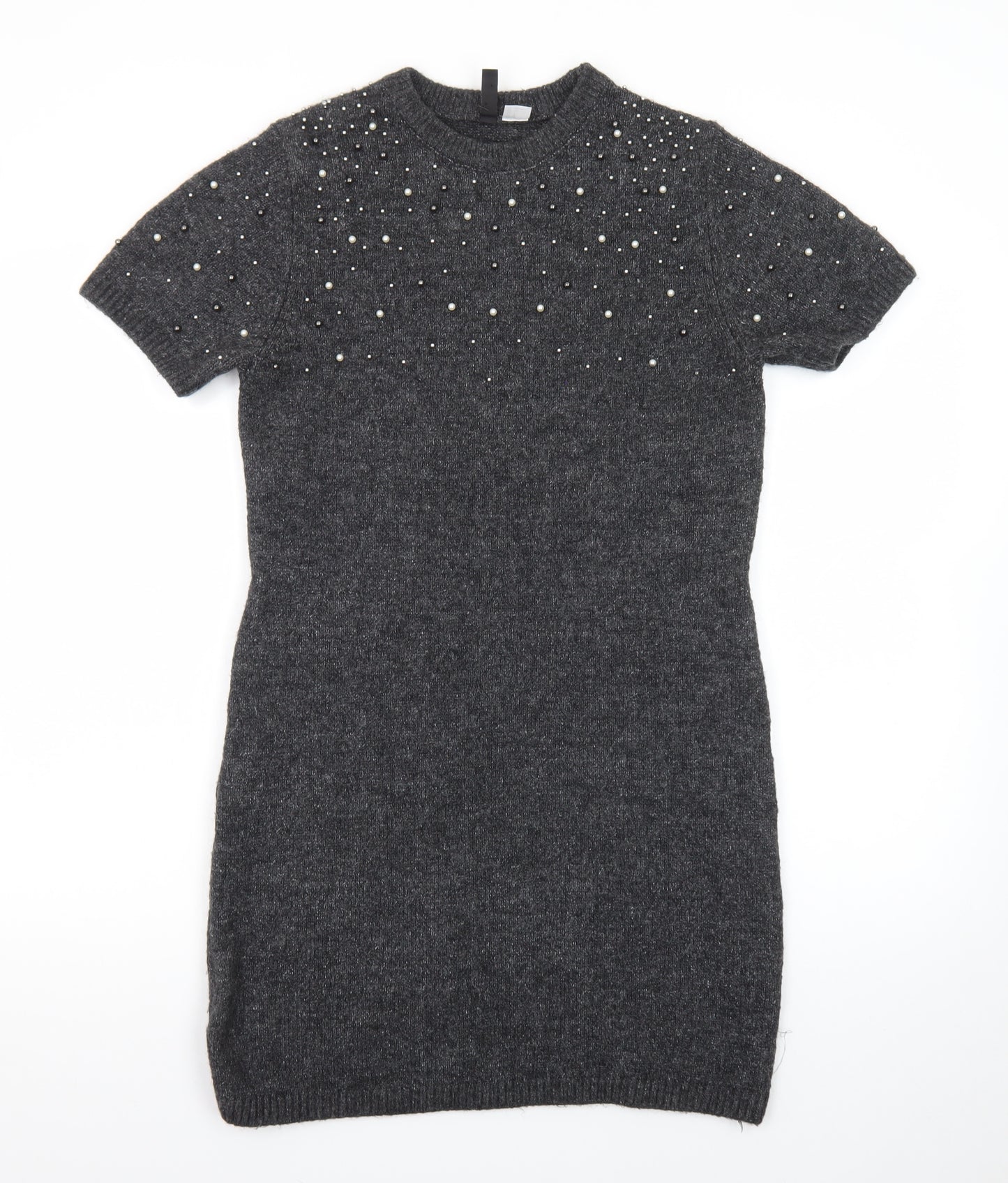 H&M Women Grey Beaded Short Sleeve Jumper Dress Size 8