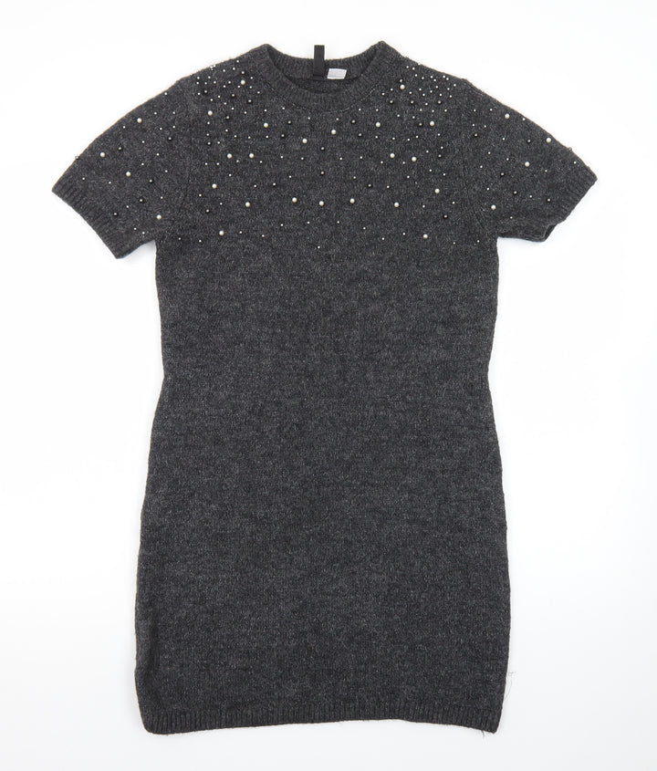 H&M Women Grey Beaded Short Sleeve Jumper Dress Size 8