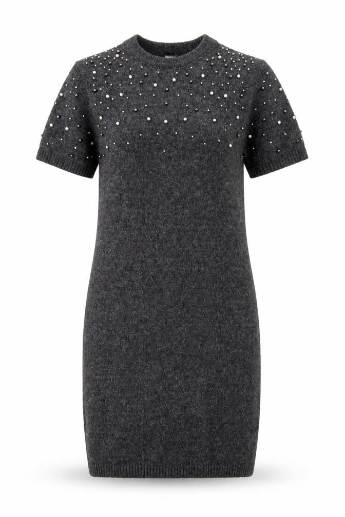 H&M Women Grey Beaded Short Sleeve Jumper Dress Size 8