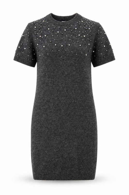 Front view of H&M Women Grey Beaded Short Sleeve Jumper Dress, size 8