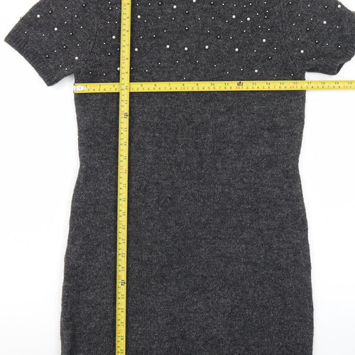 H&M Women Grey Beaded Short Sleeve Jumper Dress Size 8