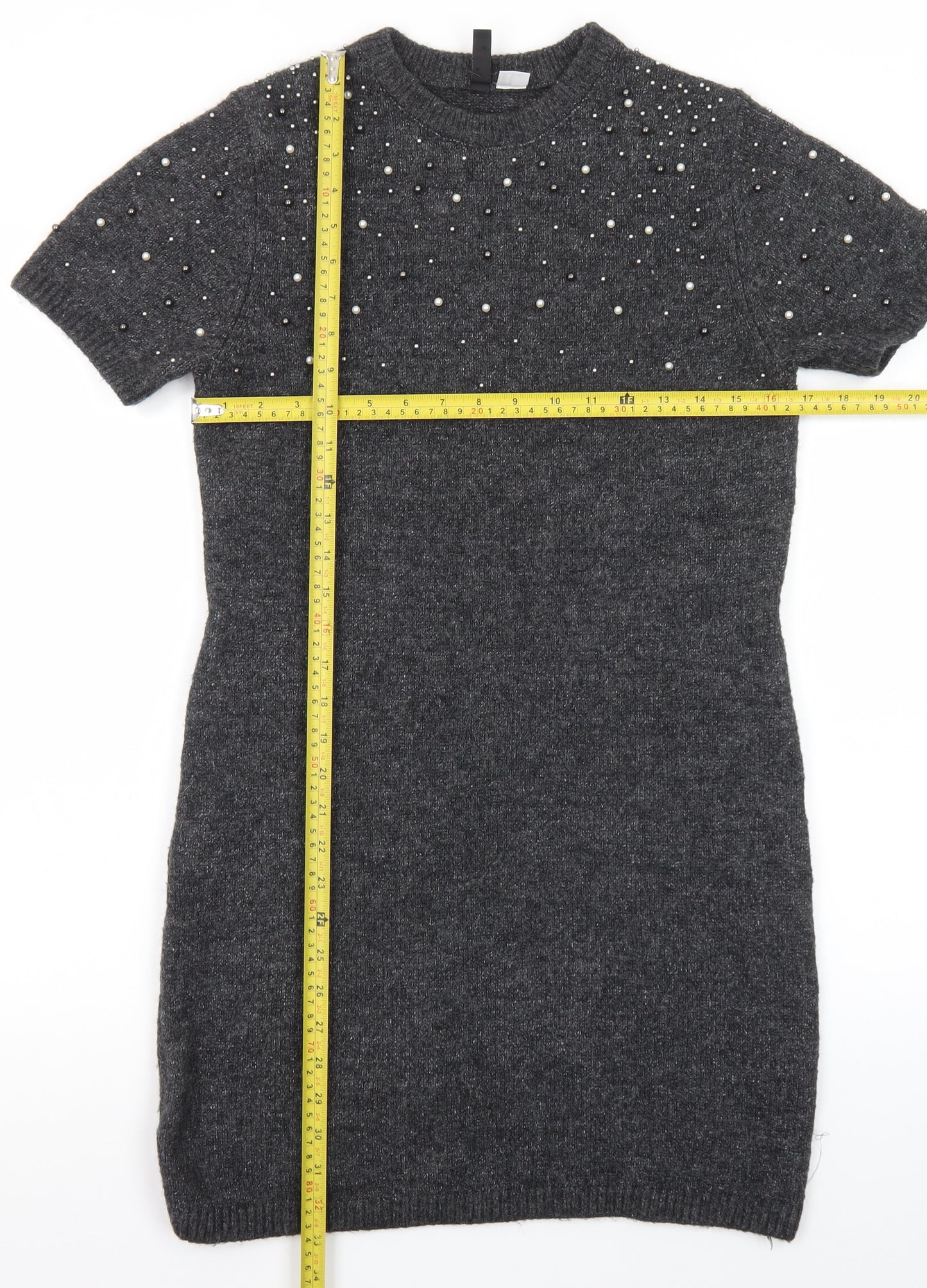 H&M Women Grey Beaded Short Sleeve Jumper Dress Size 8
