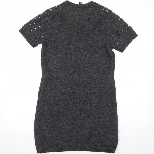 H&M Women Grey Beaded Short Sleeve Jumper Dress Size 8