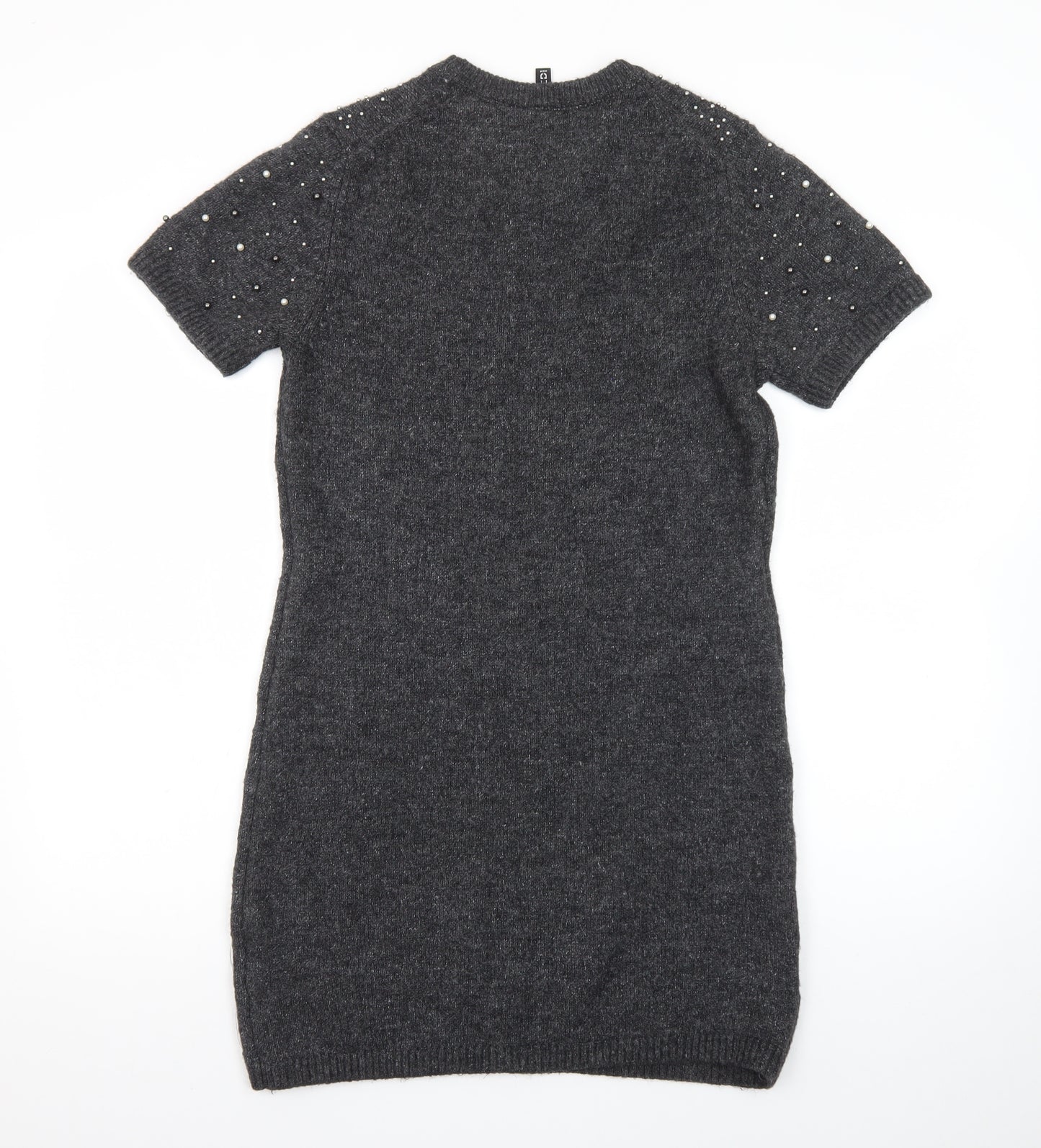 H&M Women Grey Beaded Short Sleeve Jumper Dress Size 8