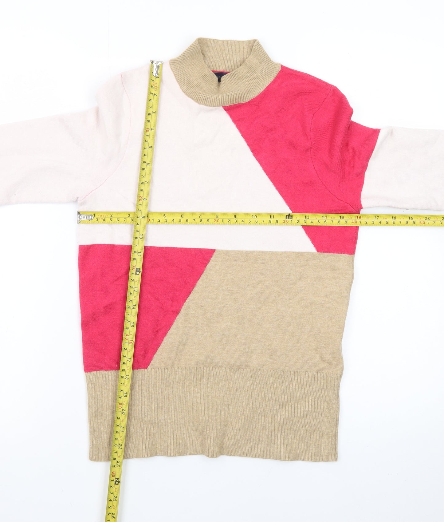 Marks and Spencer Women's Beige Pink Roll Neck Colour Block Jumper Size 10