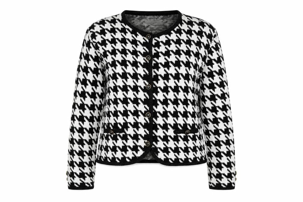 Front view of Classics Woman Black & White Houndstooth Cardigan, size 10/12