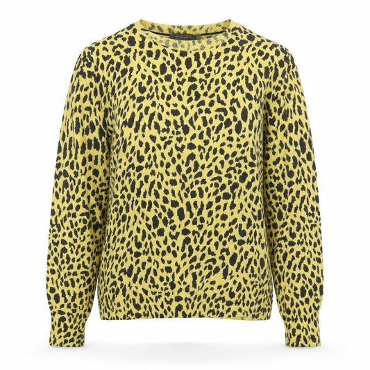 Front view of Mint Velvet Women's Yellow Animal Print Cotton Wool Jumper, size 10