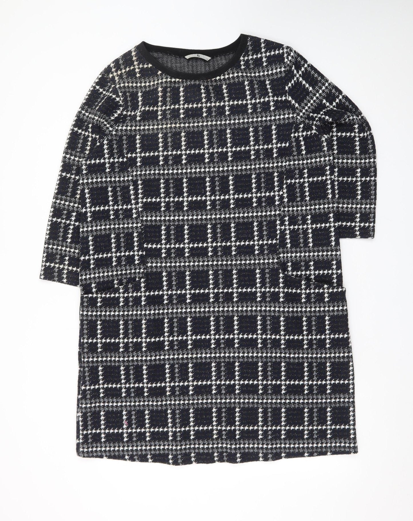 Tu Women Black Check Shift Dress Size 16 3/4 Sleeve Knit
