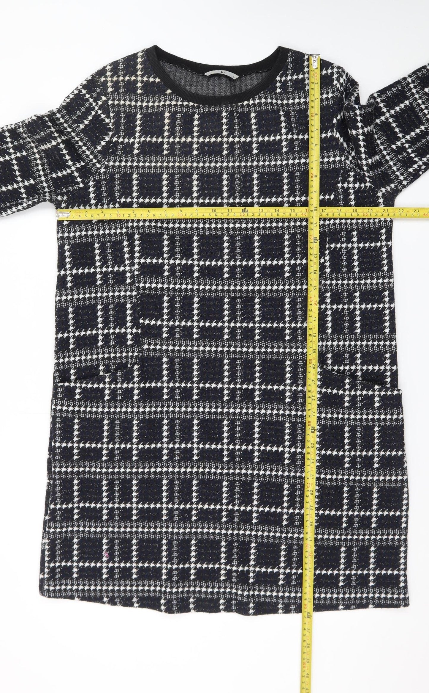 Tu Women Black Check Shift Dress Size 16 3/4 Sleeve Knit