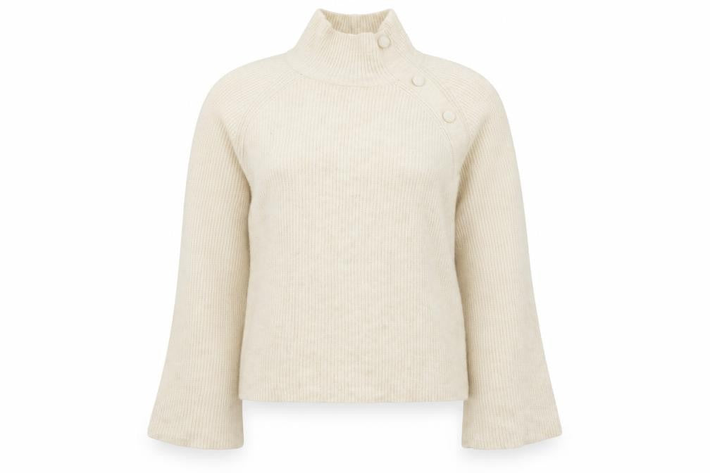 Front view of Vero Moda women’s ivory high neck button ribbed knit jumper, size S