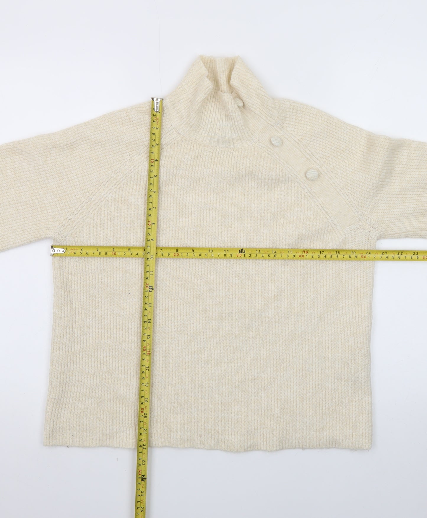 Vero Moda Womens Ivory High Neck Button Ribbed Knit Jumper Size S