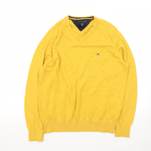 Tommy Hilfiger Men's Yellow Cotton V-Neck Jumper Size S
