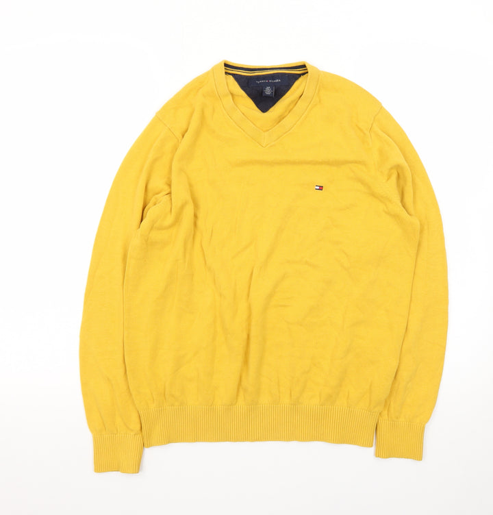 Tommy Hilfiger Men's Yellow Cotton V-Neck Jumper Size S