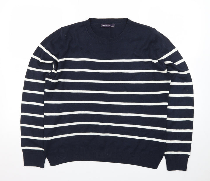 Marks and Spencer Women's Blue Striped Crew Neck Long Sleeve Jumper Size 14