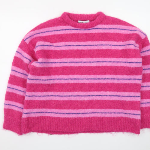 Bershka Women Pink Striped Crew Neck Knit Jumper XS