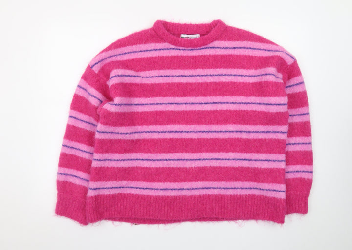 Bershka Women Pink Striped Crew Neck Knit Jumper XS