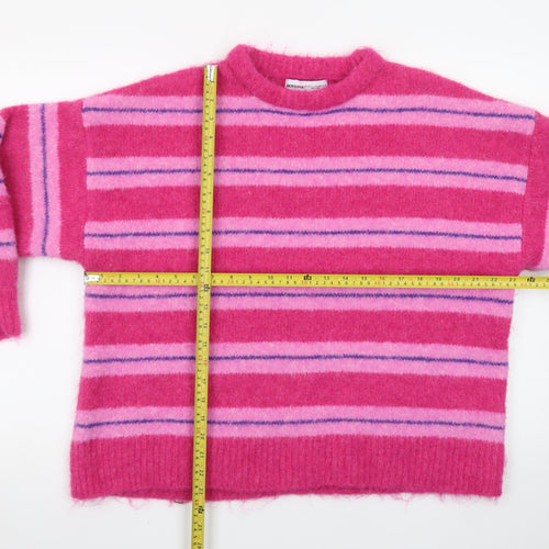 Bershka Women Pink Striped Crew Neck Knit Jumper XS