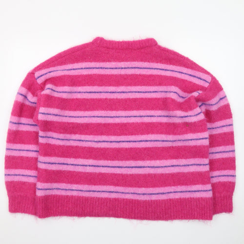 Bershka Women Pink Striped Crew Neck Knit Jumper XS