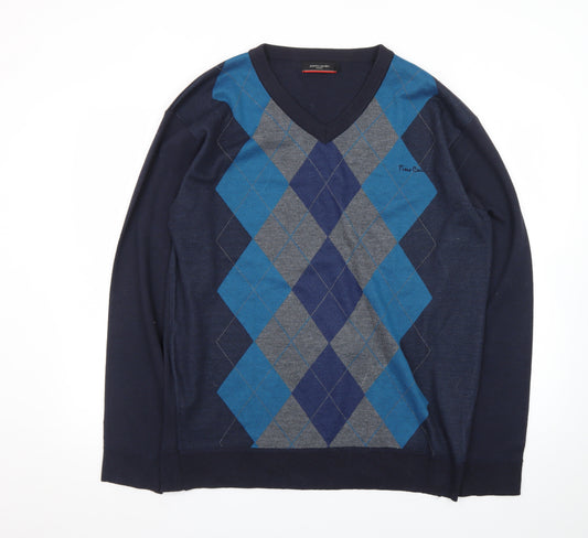 Pierre Cardin Men's Blue Argyle V-Neck Pullover Jumper XL