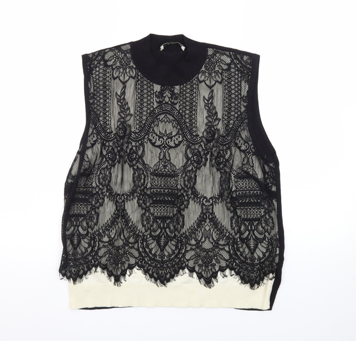 Oasis Womens Black Mock Neck Lace Sleeveless Knit Vest Size 14