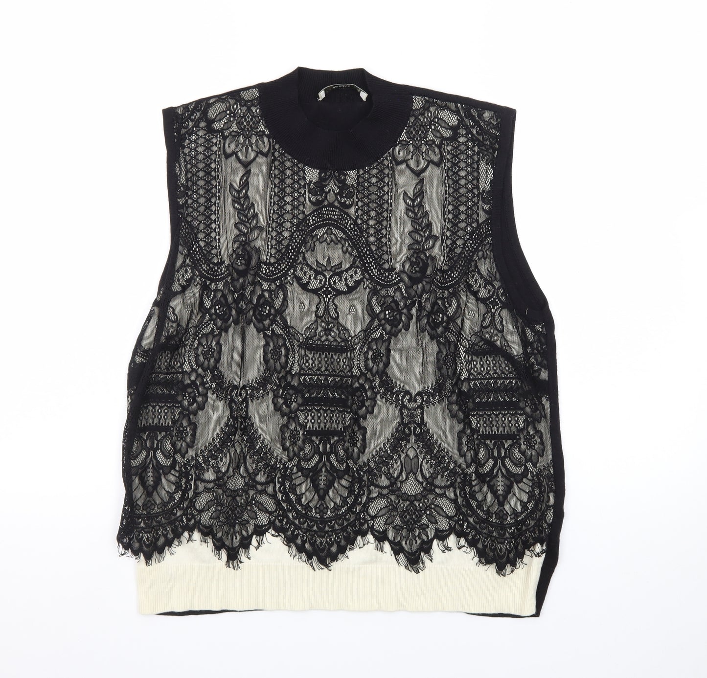 Oasis Womens Black Mock Neck Lace Sleeveless Knit Vest Size 14
