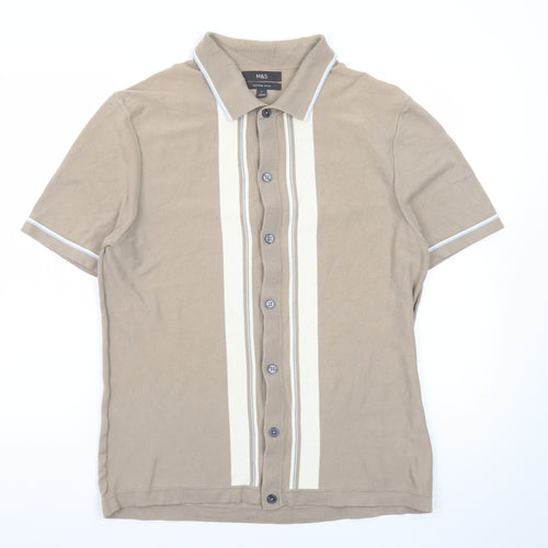 Marks and Spencer Men's Beige Short Sleeve Button-Up Polo Shirt Size M Cotton Rich