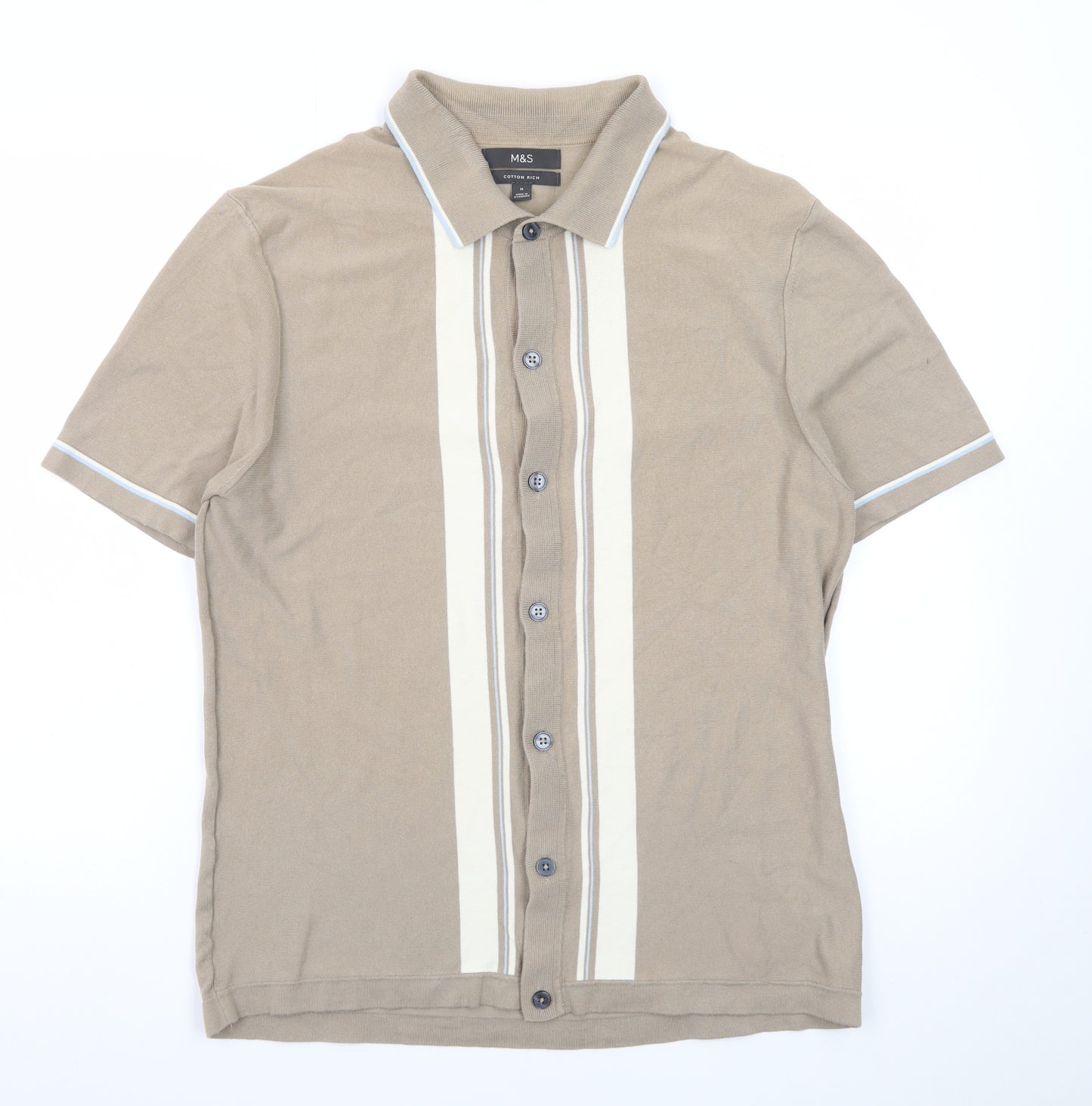 Marks and Spencer Men's Beige Short Sleeve Button-Up Polo Shirt Size M Cotton Rich