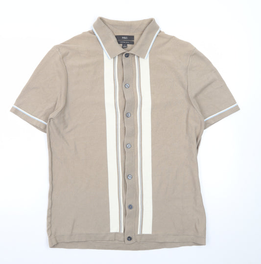 Marks and Spencer Men's Beige Short Sleeve Button-Up Polo Shirt Size M Cotton Rich