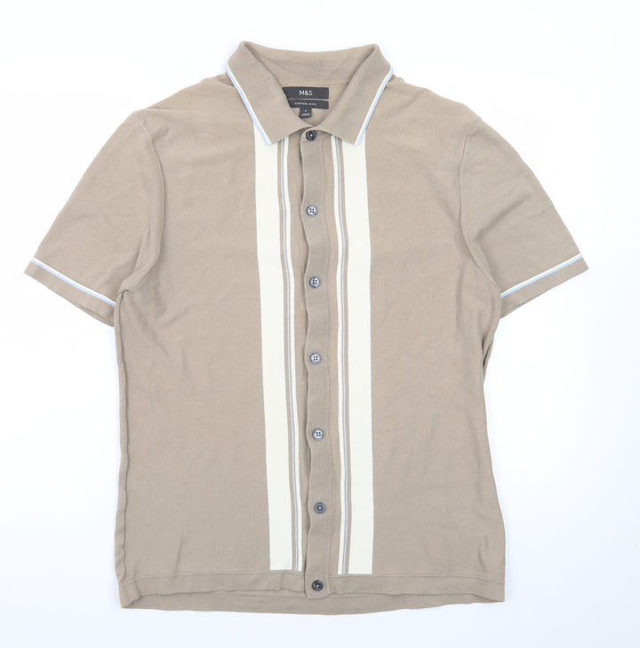 Marks and Spencer Men's Beige Short Sleeve Button-Up Polo Shirt Size M Cotton Rich