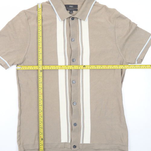 Marks and Spencer Men's Beige Short Sleeve Button-Up Polo Shirt Size M Cotton Rich