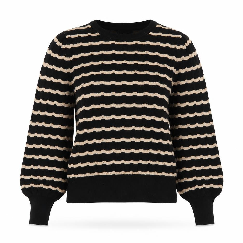 Front view of Et Vous Women's Black Beige Striped Crew Neck Jumper, size 12