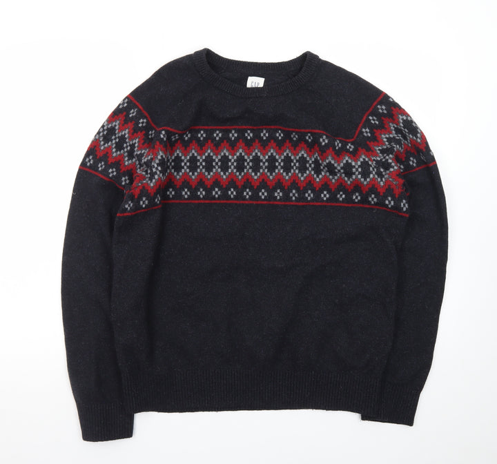 GAP Men’s Black Fair Isle Wool Crew Neck Jumper Size L