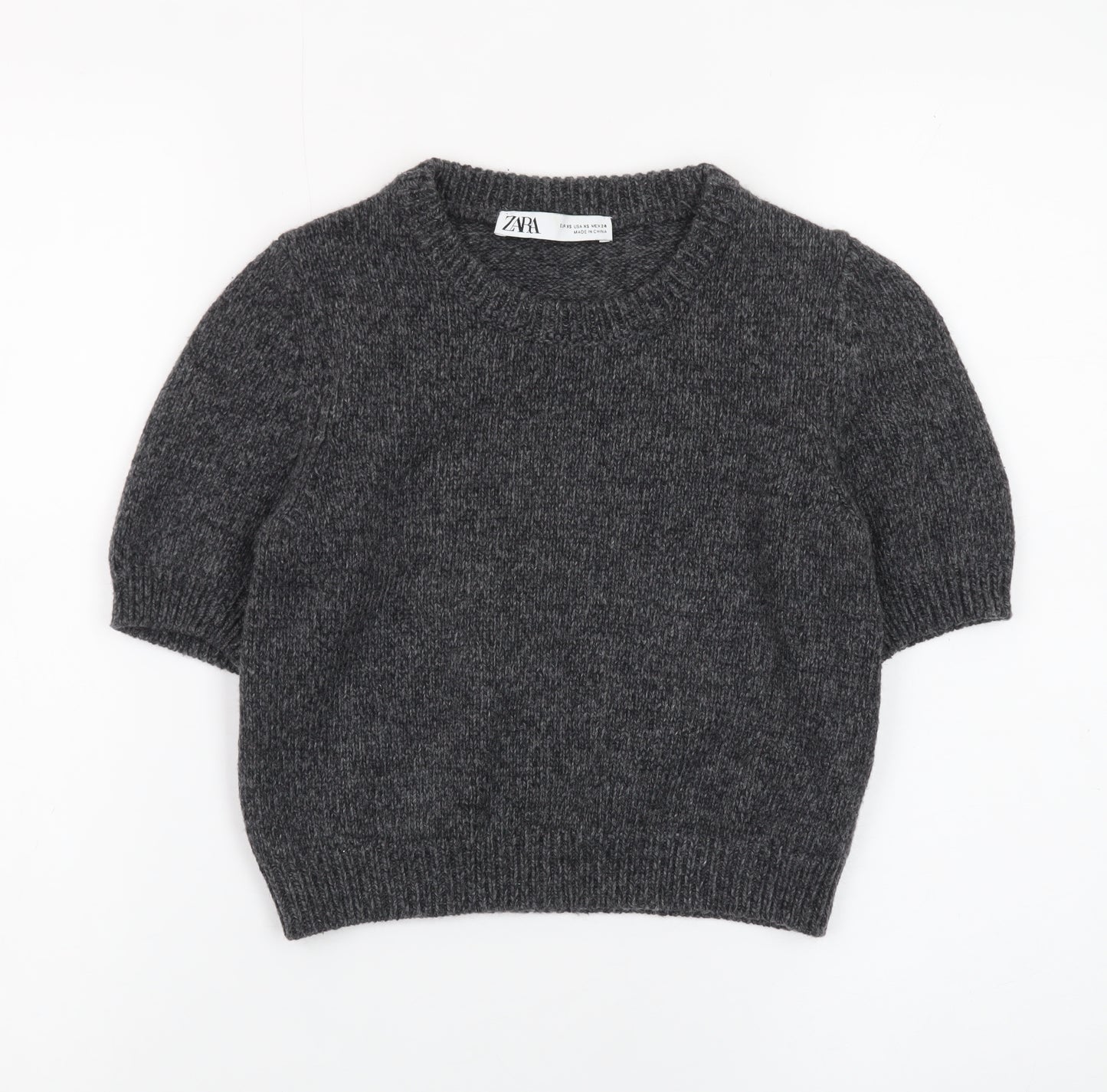 Zara Women Grey Wool Blend Short Sleeve Crew Neck Jumper XS