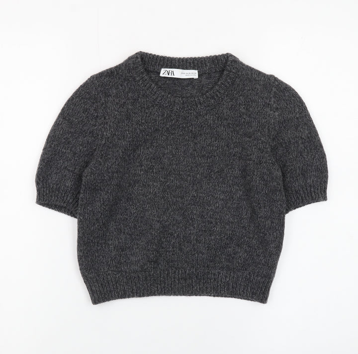 Zara Women Grey Wool Blend Short Sleeve Crew Neck Jumper XS