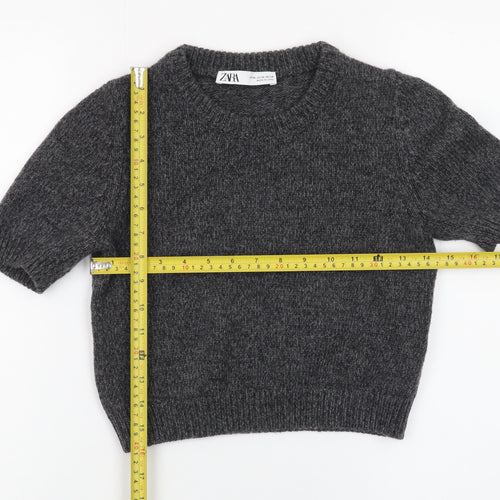 Zara Women Grey Wool Blend Short Sleeve Crew Neck Jumper XS