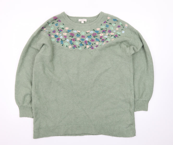 Monsoon Women's Green Floral Embroidered Wool Blend Jumper XL