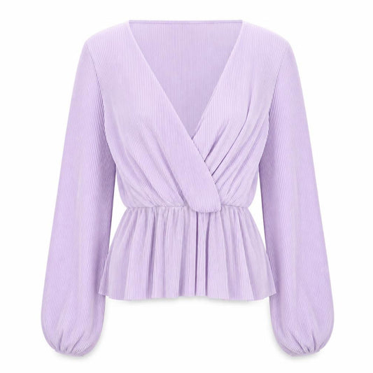 Front view of Monki Women's Purple Wrap Pleated Long Sleeve Blouse XXS