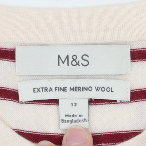 Marks and Spencer Women Red Stripe Merino Wool Jumper Size 12