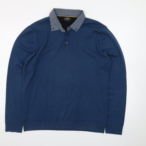 Next Men's Blue Long Sleeve Cotton Polo Shirt Size Large