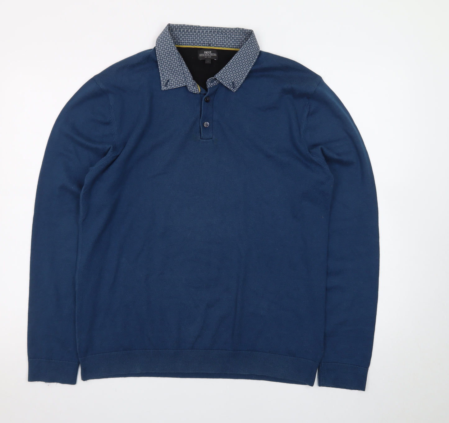 Next Men's Blue Long Sleeve Cotton Polo Shirt Size Large